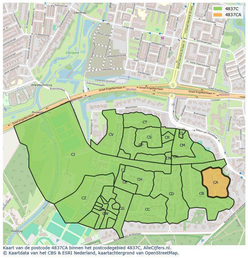 Afbeelding van het postcodegebied 4837 CA op de kaart.
