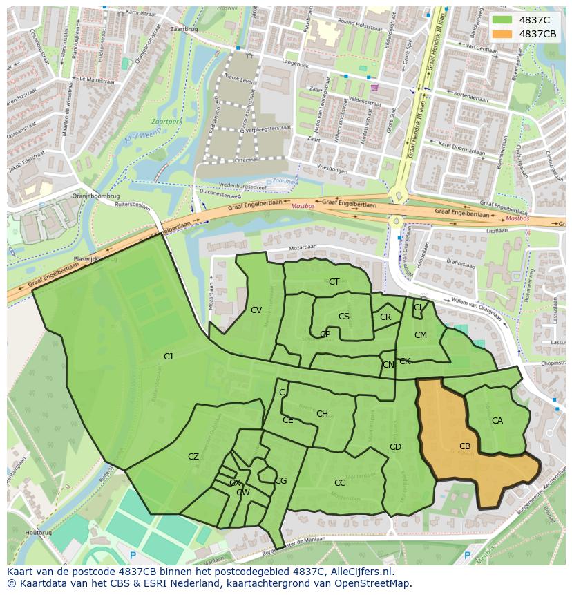 Afbeelding van het postcodegebied 4837 CB op de kaart.