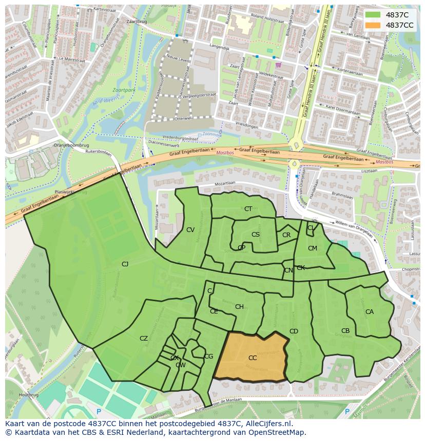 Afbeelding van het postcodegebied 4837 CC op de kaart.