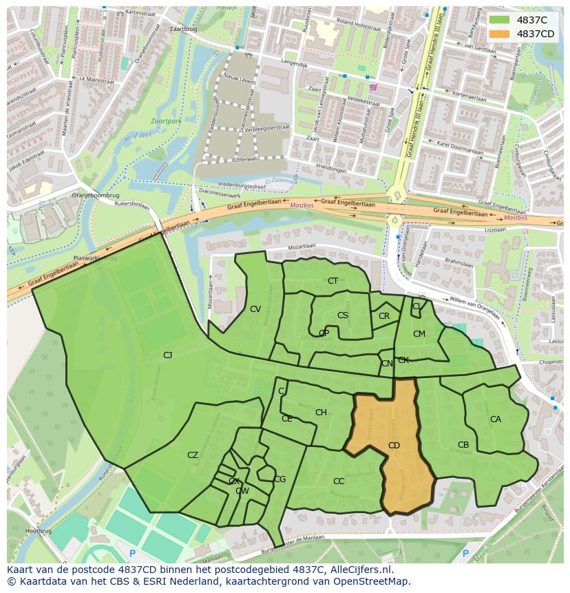 Afbeelding van het postcodegebied 4837 CD op de kaart.