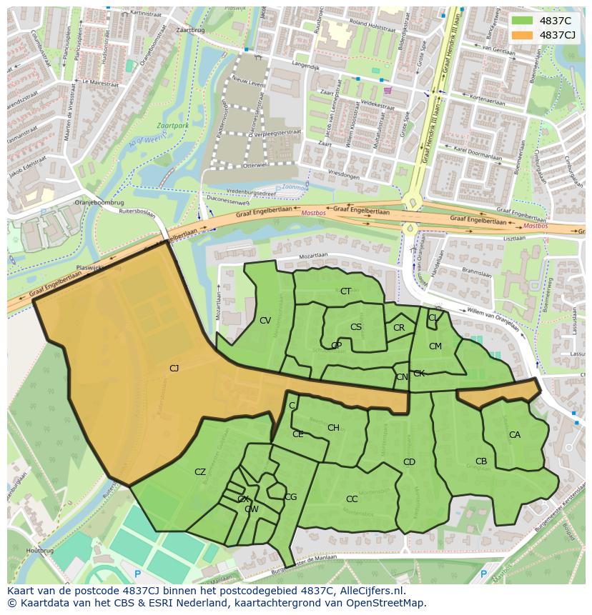 Afbeelding van het postcodegebied 4837 CJ op de kaart.