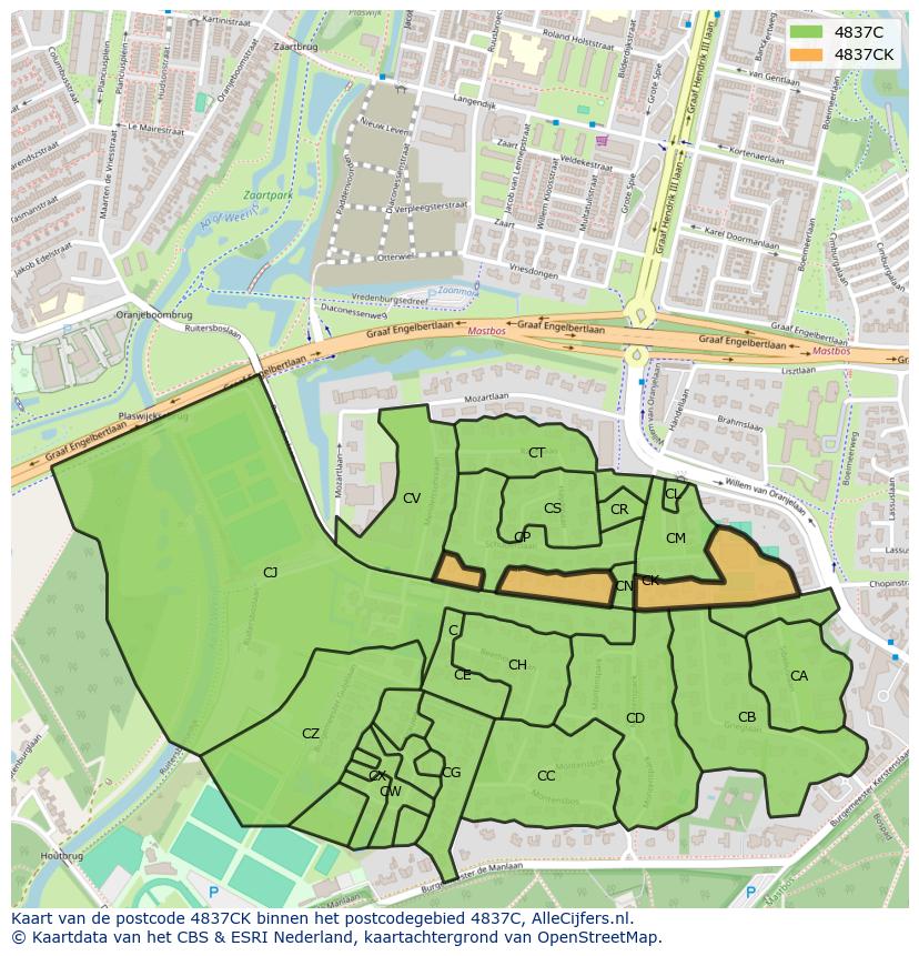 Afbeelding van het postcodegebied 4837 CK op de kaart.