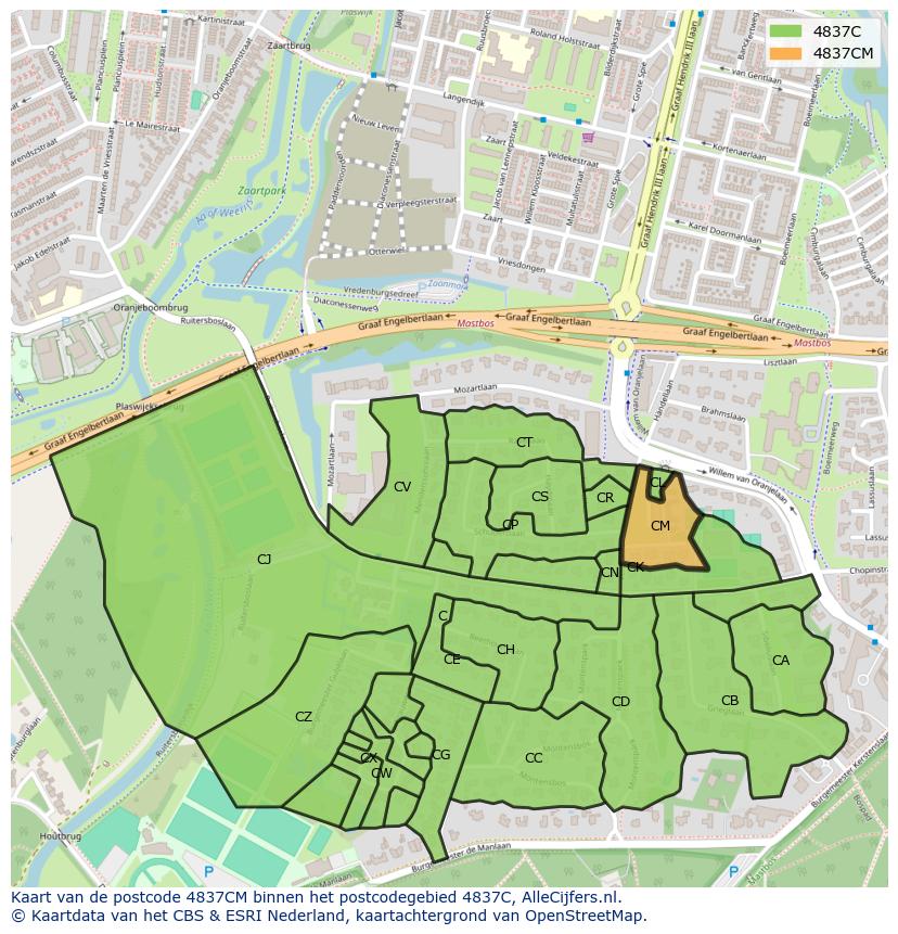Afbeelding van het postcodegebied 4837 CM op de kaart.
