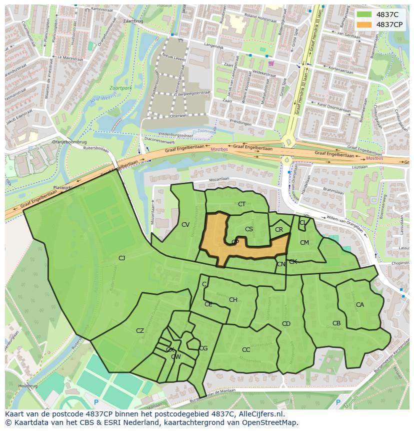Afbeelding van het postcodegebied 4837 CP op de kaart.