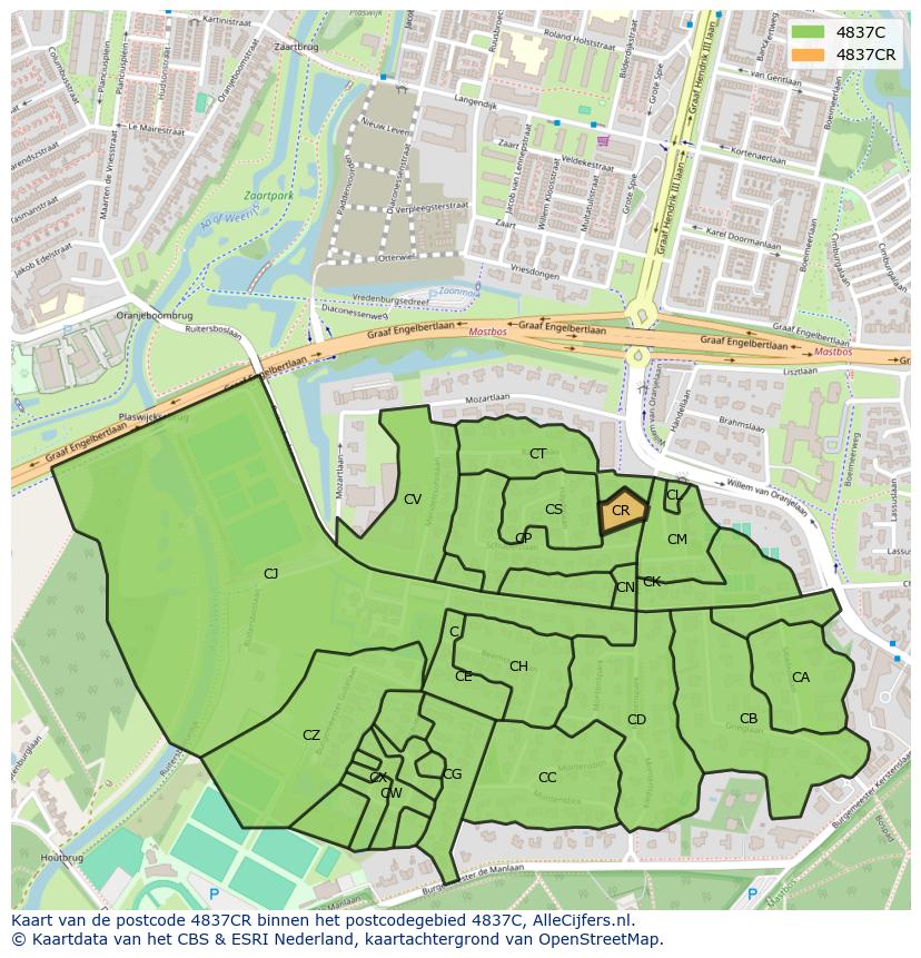 Afbeelding van het postcodegebied 4837 CR op de kaart.