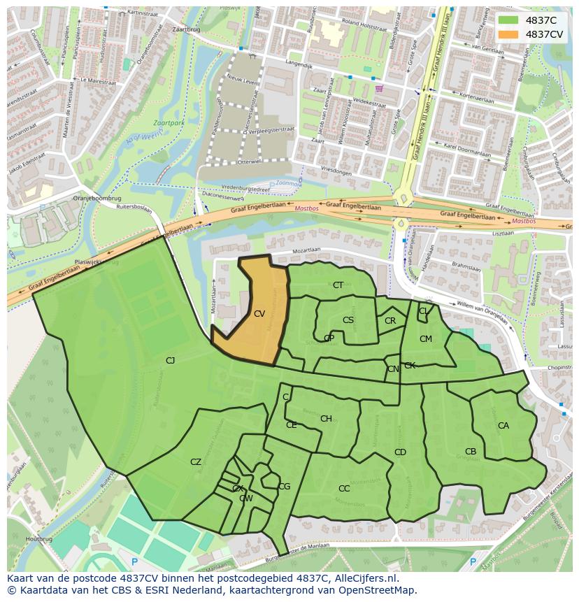 Afbeelding van het postcodegebied 4837 CV op de kaart.