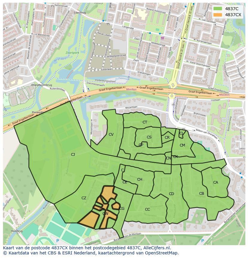 Afbeelding van het postcodegebied 4837 CX op de kaart.