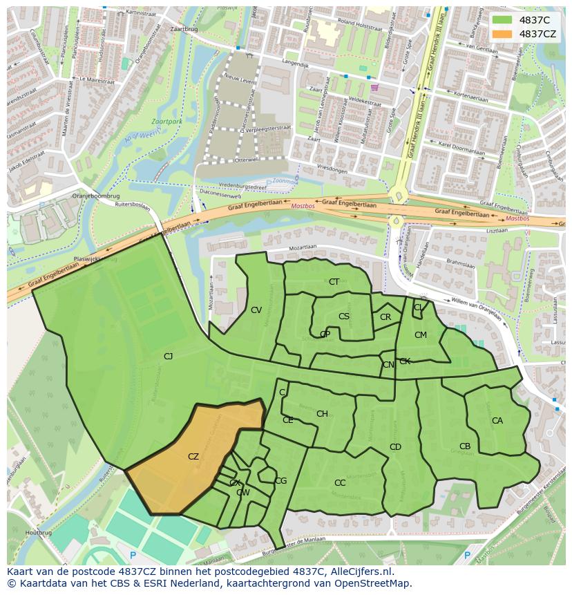 Afbeelding van het postcodegebied 4837 CZ op de kaart.