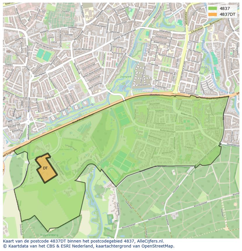 Afbeelding van het postcodegebied 4837 DT op de kaart.