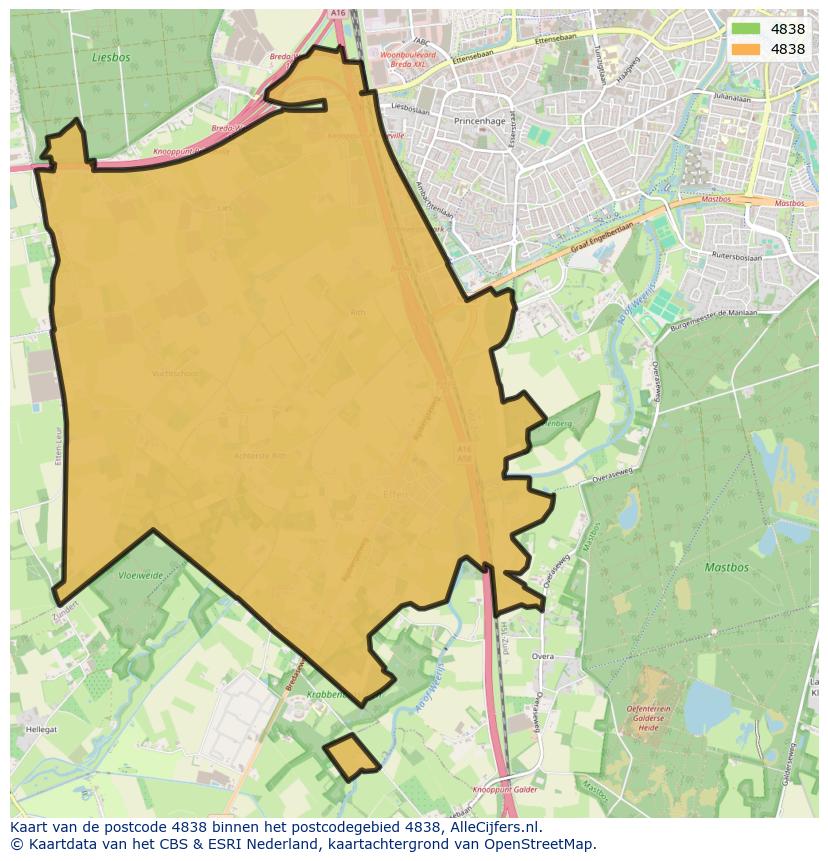 Afbeelding van het postcodegebied 4838 op de kaart.