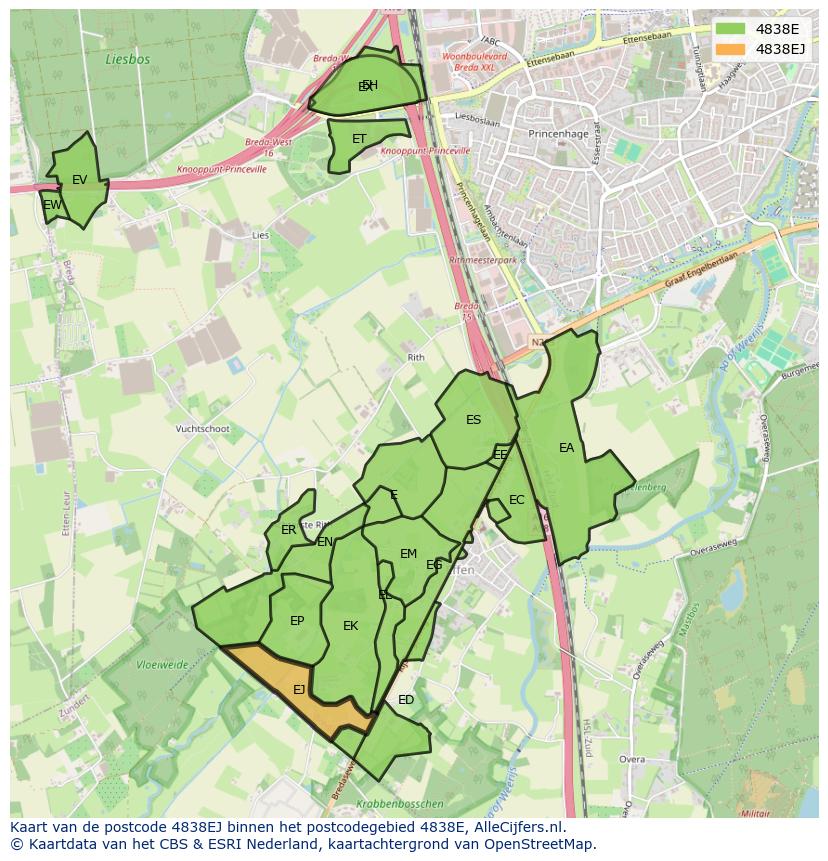Afbeelding van het postcodegebied 4838 EJ op de kaart.