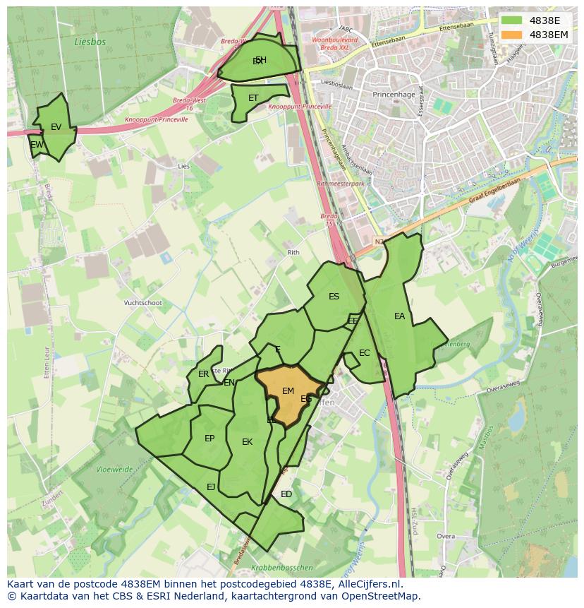Afbeelding van het postcodegebied 4838 EM op de kaart.