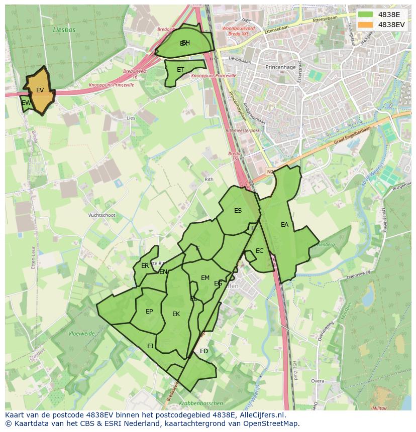 Afbeelding van het postcodegebied 4838 EV op de kaart.