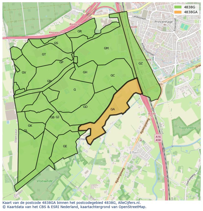 Afbeelding van het postcodegebied 4838 GA op de kaart.