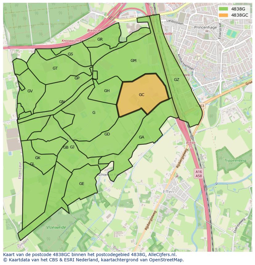 Afbeelding van het postcodegebied 4838 GC op de kaart.