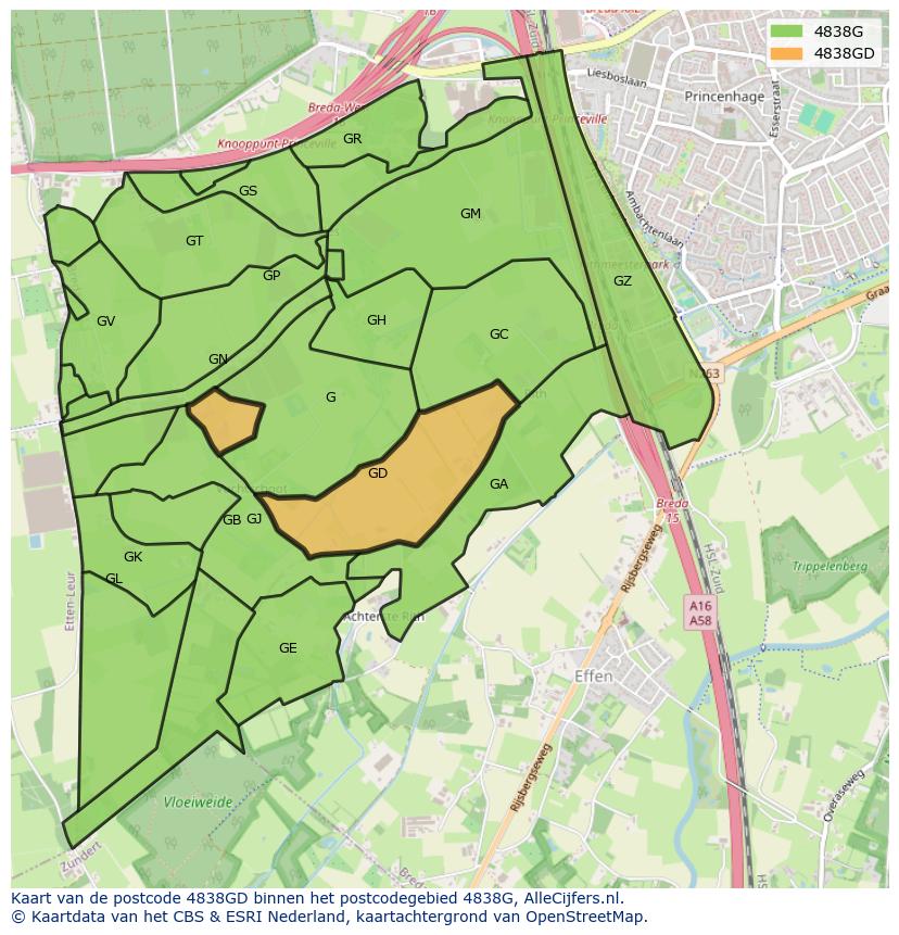 Afbeelding van het postcodegebied 4838 GD op de kaart.