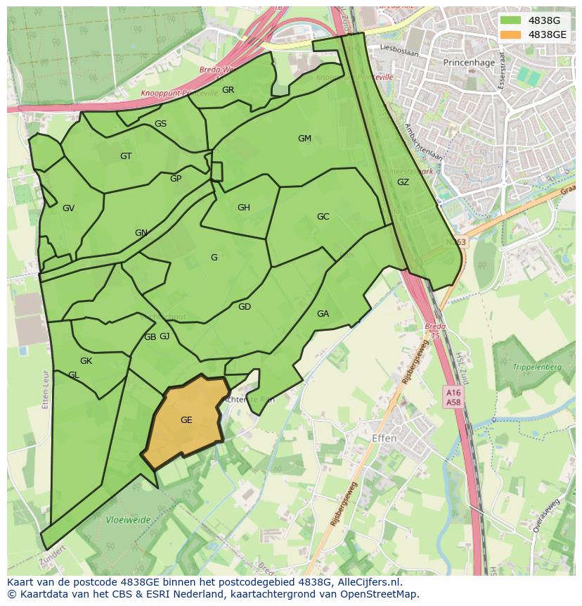 Afbeelding van het postcodegebied 4838 GE op de kaart.