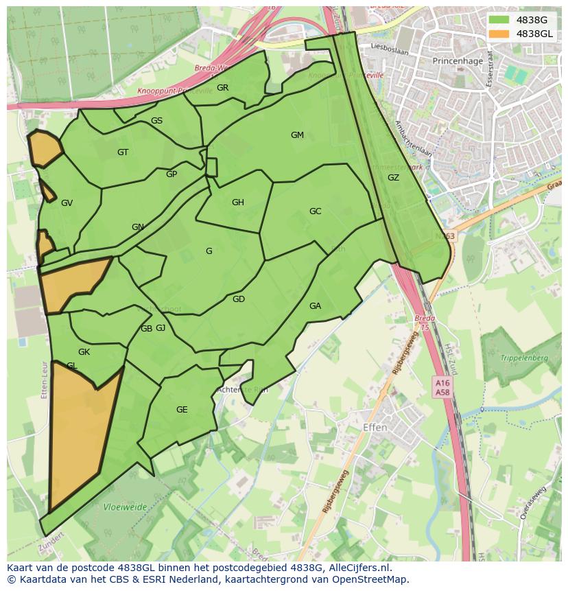 Afbeelding van het postcodegebied 4838 GL op de kaart.