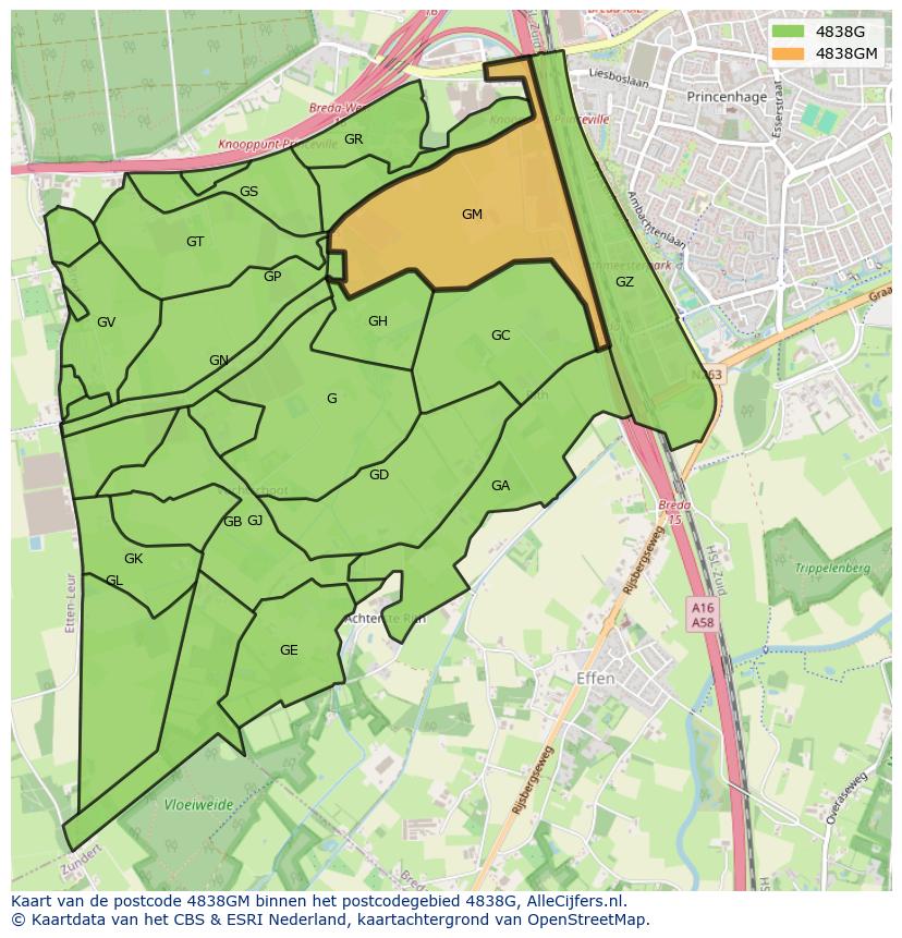 Afbeelding van het postcodegebied 4838 GM op de kaart.