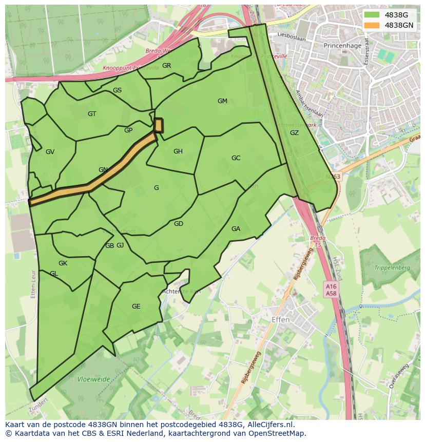 Afbeelding van het postcodegebied 4838 GN op de kaart.