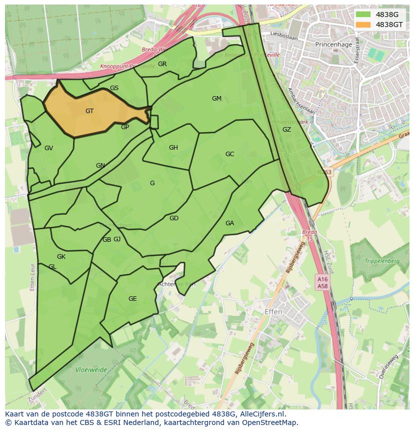 Afbeelding van het postcodegebied 4838 GT op de kaart.