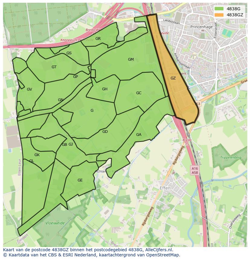 Afbeelding van het postcodegebied 4838 GZ op de kaart.