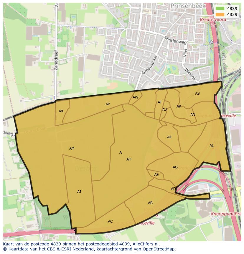 Afbeelding van het postcodegebied 4839 op de kaart.