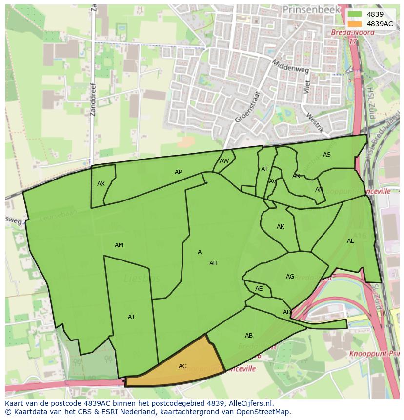 Afbeelding van het postcodegebied 4839 AC op de kaart.