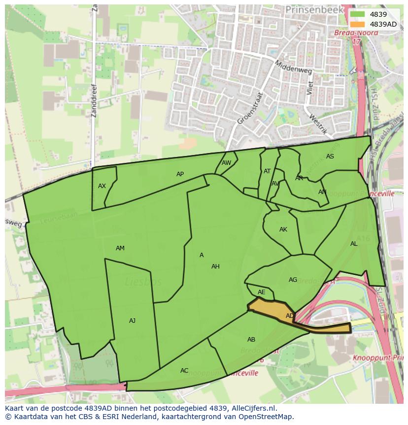Afbeelding van het postcodegebied 4839 AD op de kaart.