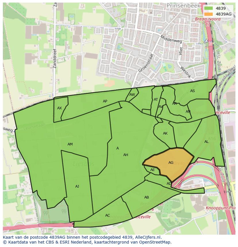 Afbeelding van het postcodegebied 4839 AG op de kaart.