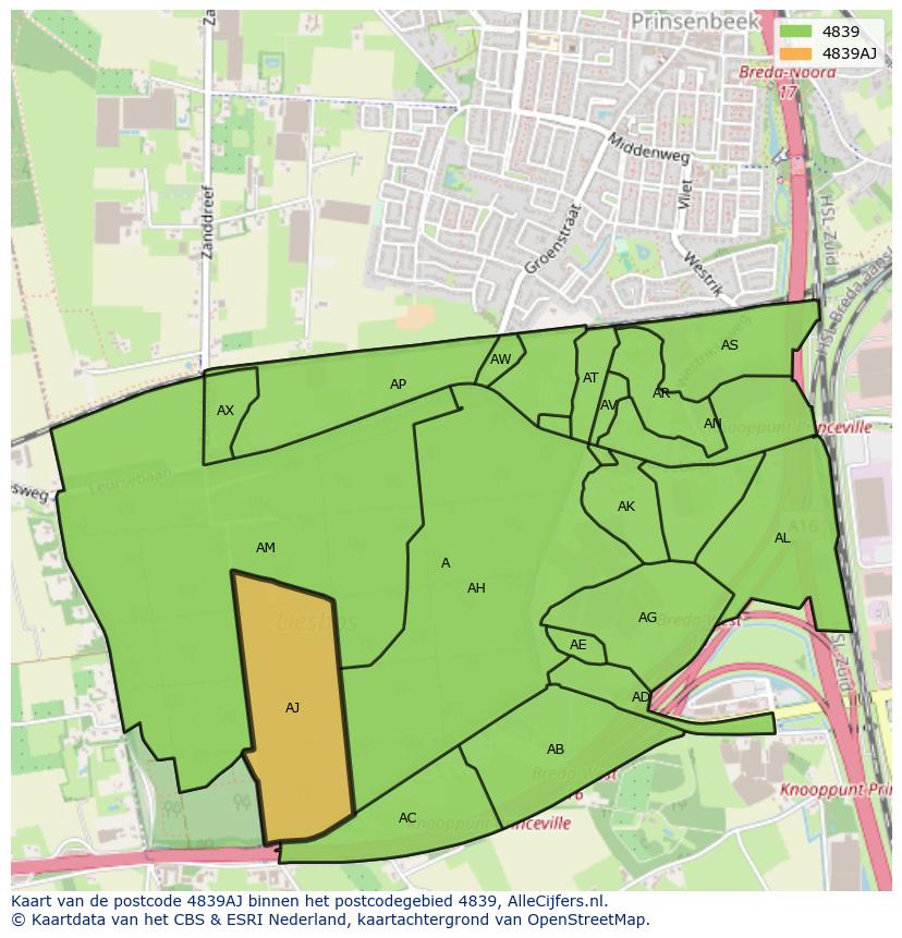 Afbeelding van het postcodegebied 4839 AJ op de kaart.