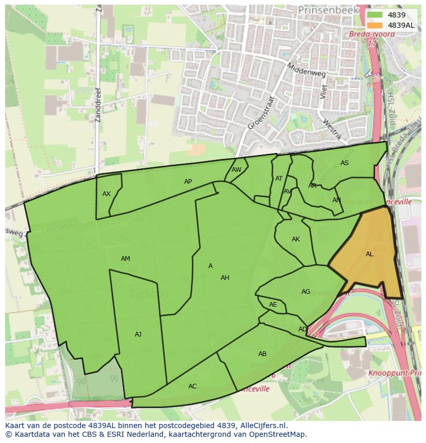 Afbeelding van het postcodegebied 4839 AL op de kaart.