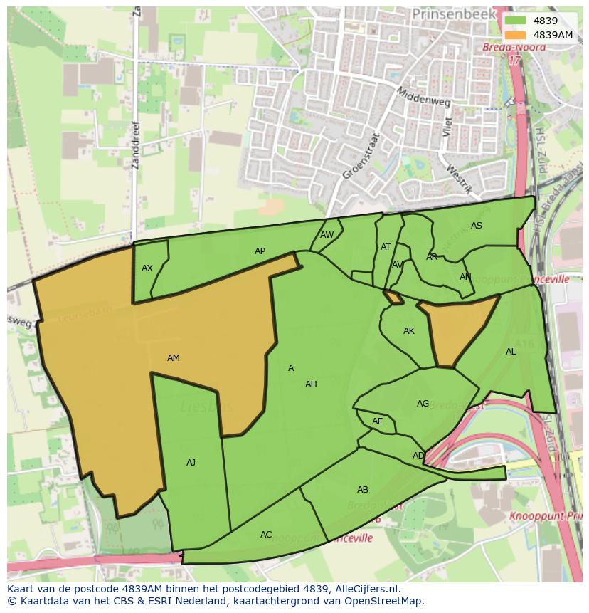 Afbeelding van het postcodegebied 4839 AM op de kaart.