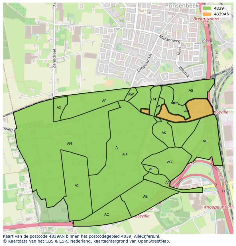 Afbeelding van het postcodegebied 4839 AN op de kaart.