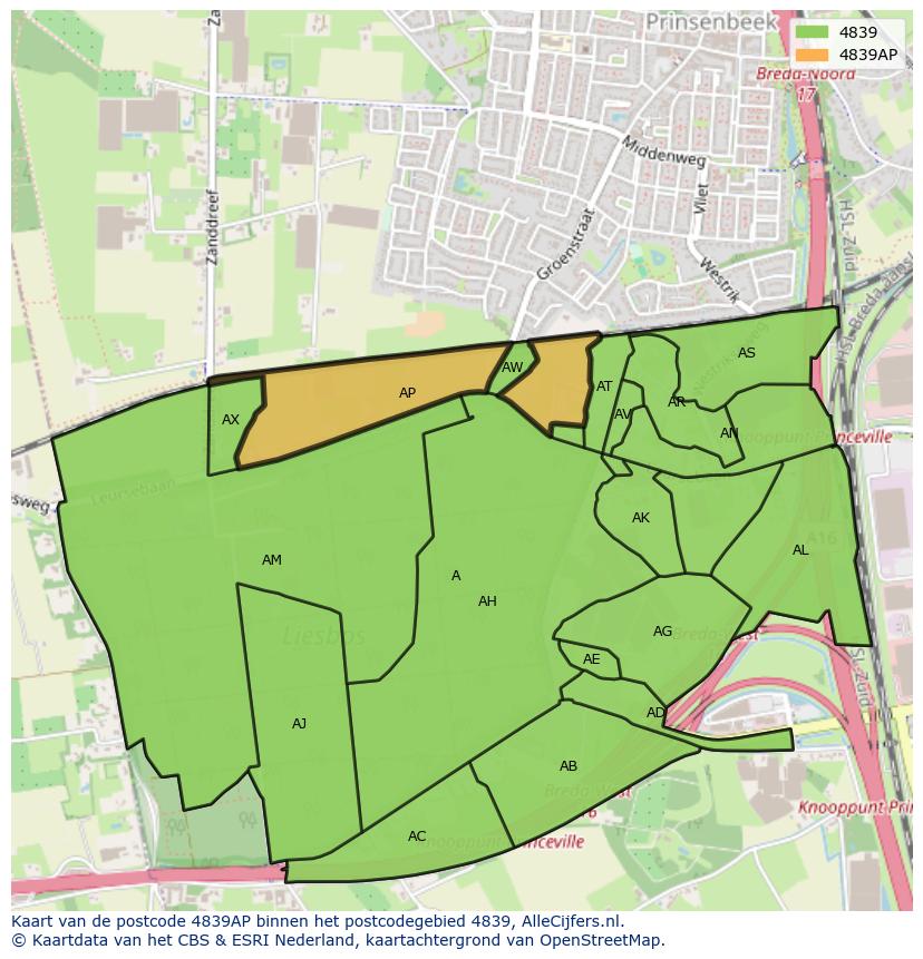 Afbeelding van het postcodegebied 4839 AP op de kaart.