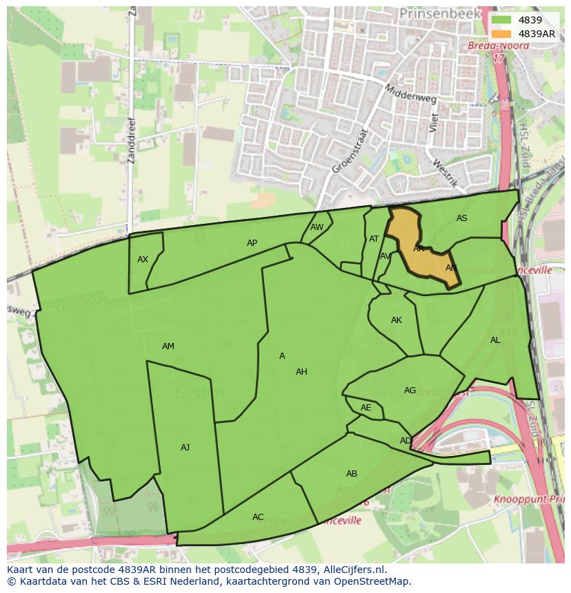 Afbeelding van het postcodegebied 4839 AR op de kaart.