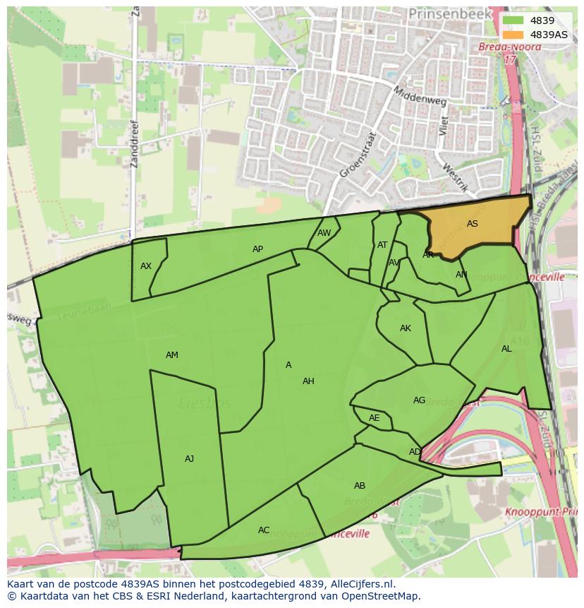 Afbeelding van het postcodegebied 4839 AS op de kaart.