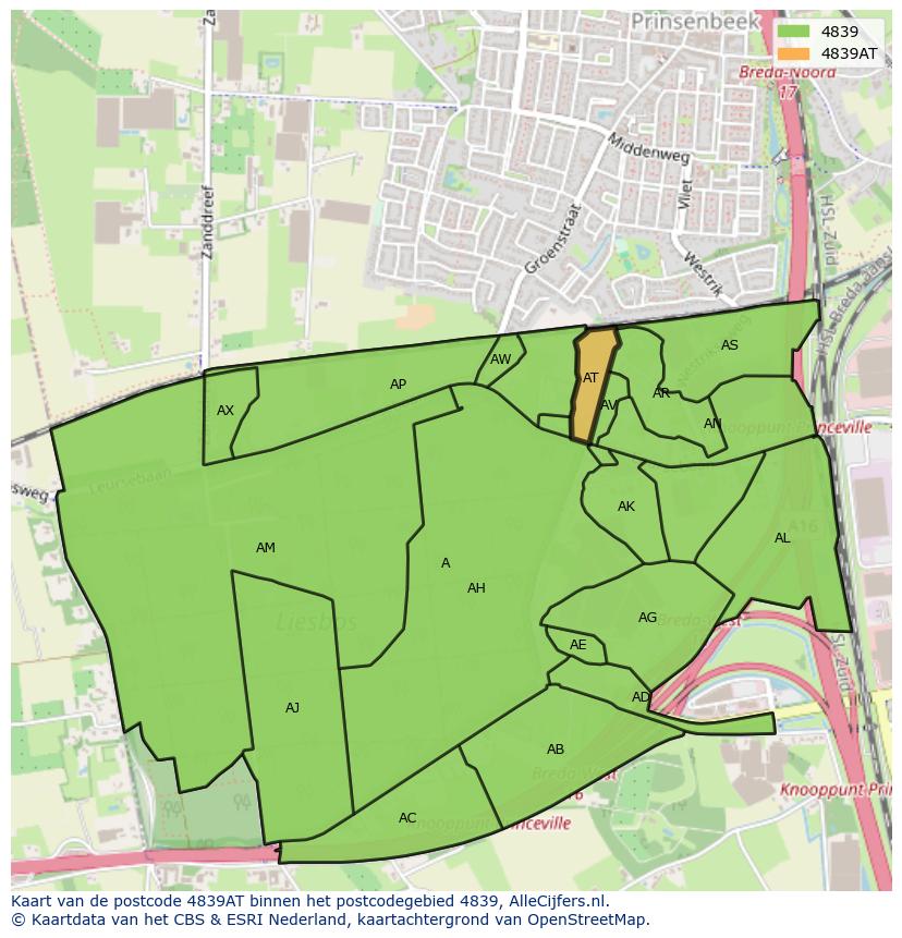 Afbeelding van het postcodegebied 4839 AT op de kaart.