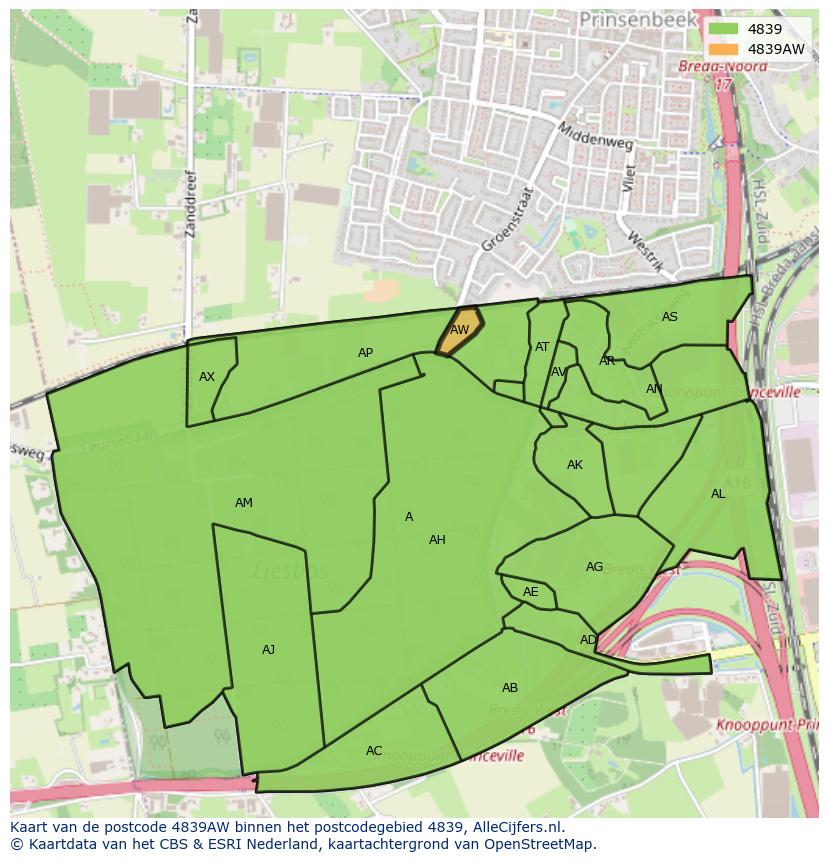 Afbeelding van het postcodegebied 4839 AW op de kaart.