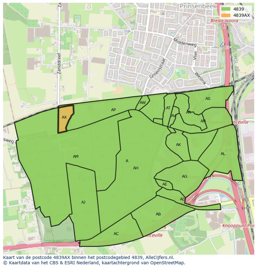 Afbeelding van het postcodegebied 4839 AX op de kaart.