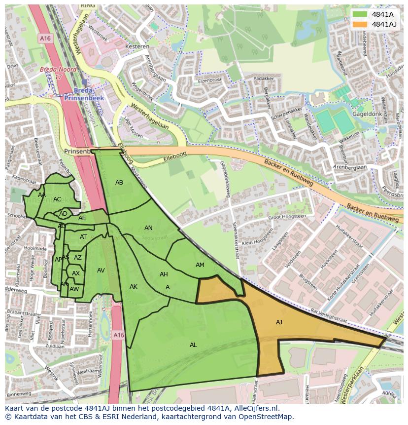 Afbeelding van het postcodegebied 4841 AJ op de kaart.