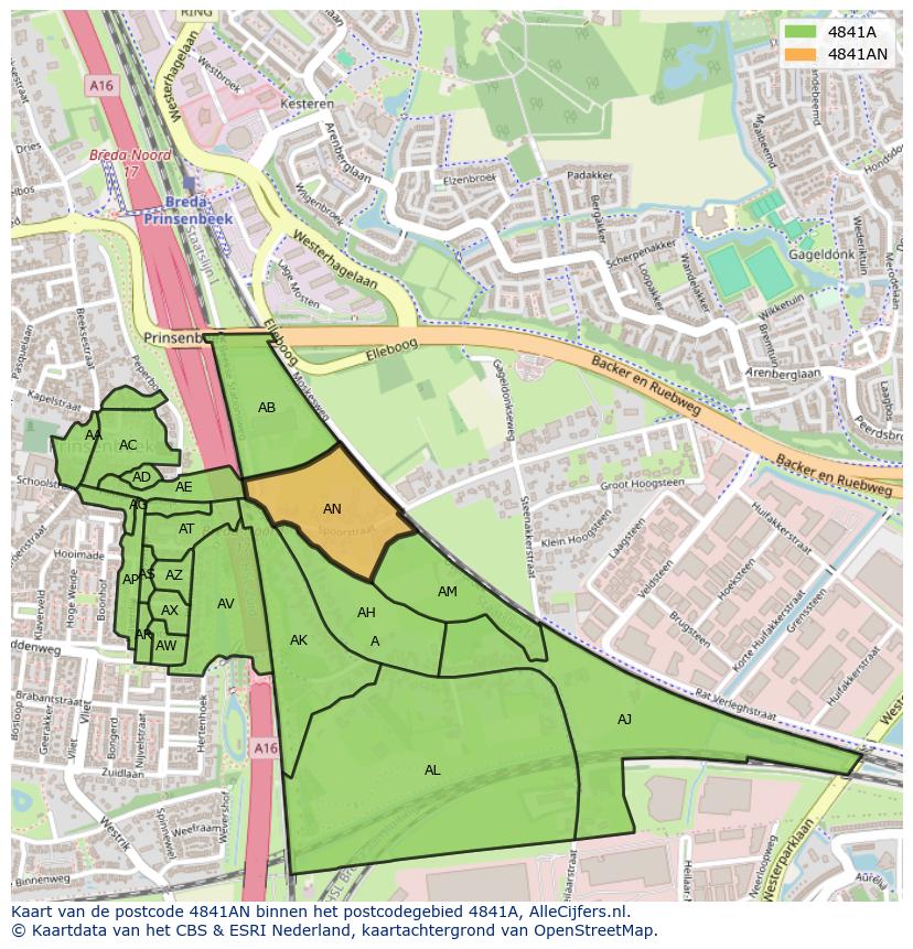 Afbeelding van het postcodegebied 4841 AN op de kaart.