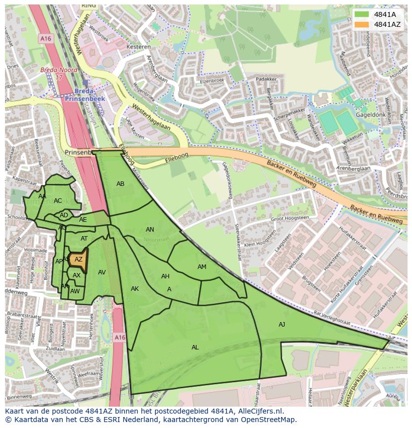 Afbeelding van het postcodegebied 4841 AZ op de kaart.