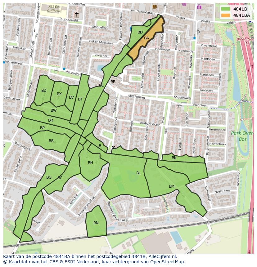 Afbeelding van het postcodegebied 4841 BA op de kaart.