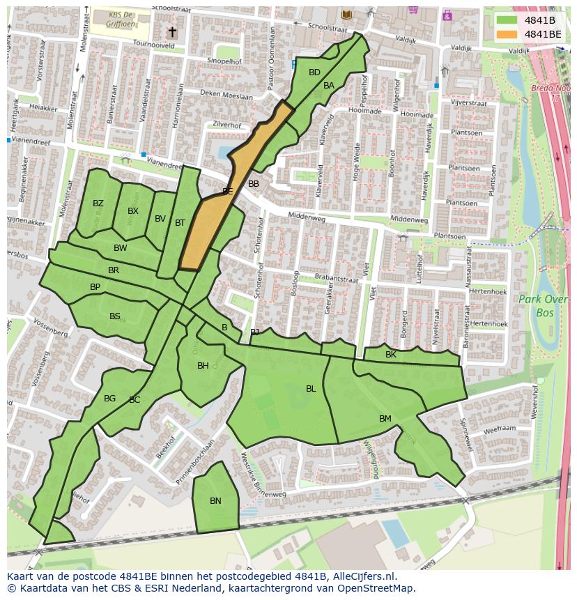 Afbeelding van het postcodegebied 4841 BE op de kaart.