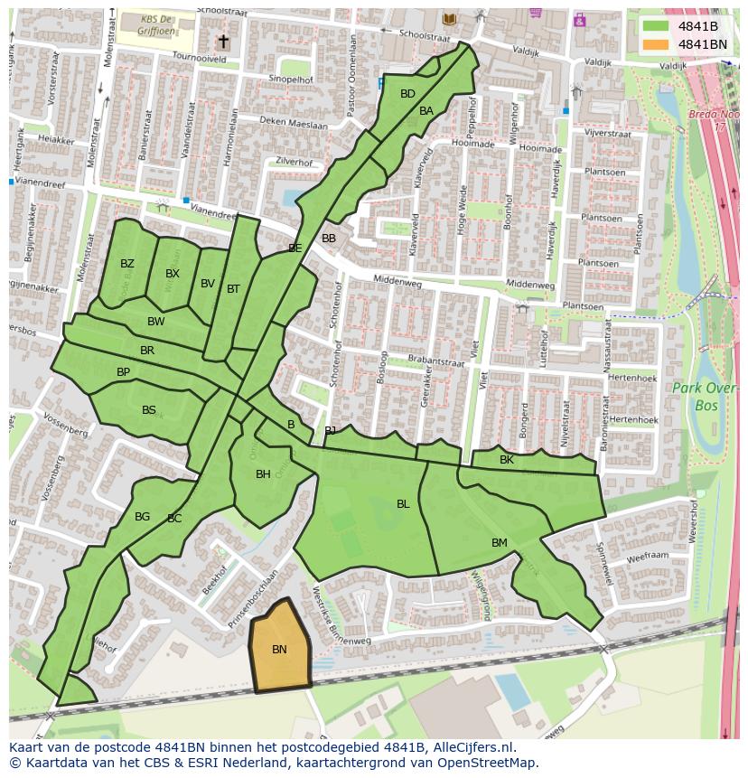 Afbeelding van het postcodegebied 4841 BN op de kaart.