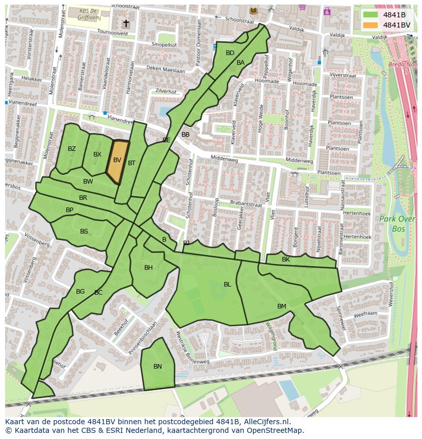 Afbeelding van het postcodegebied 4841 BV op de kaart.