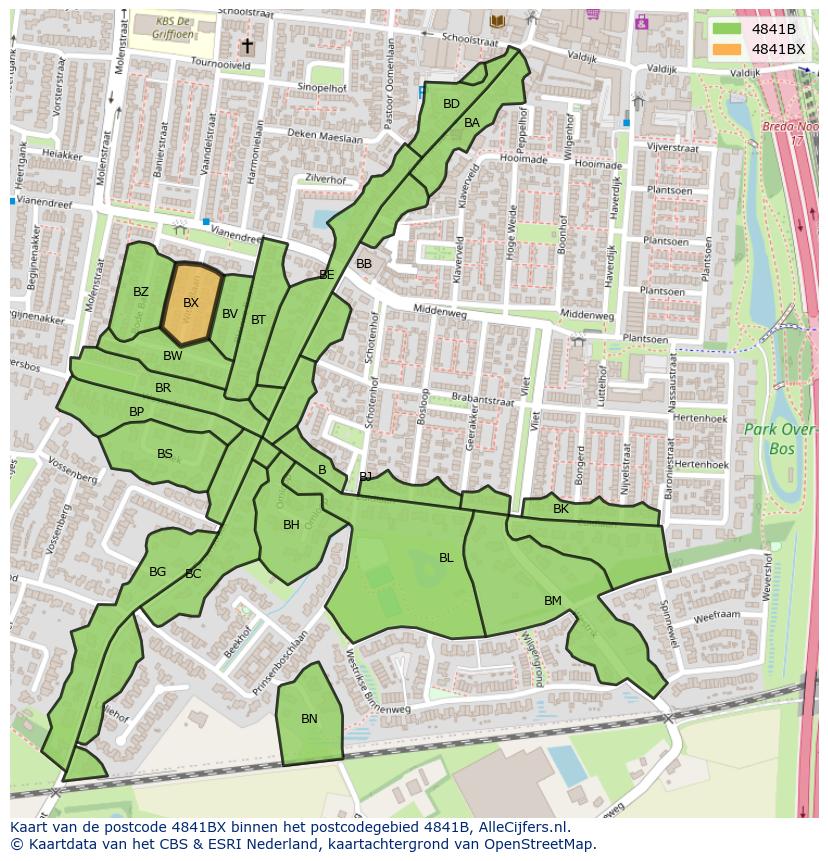 Afbeelding van het postcodegebied 4841 BX op de kaart.