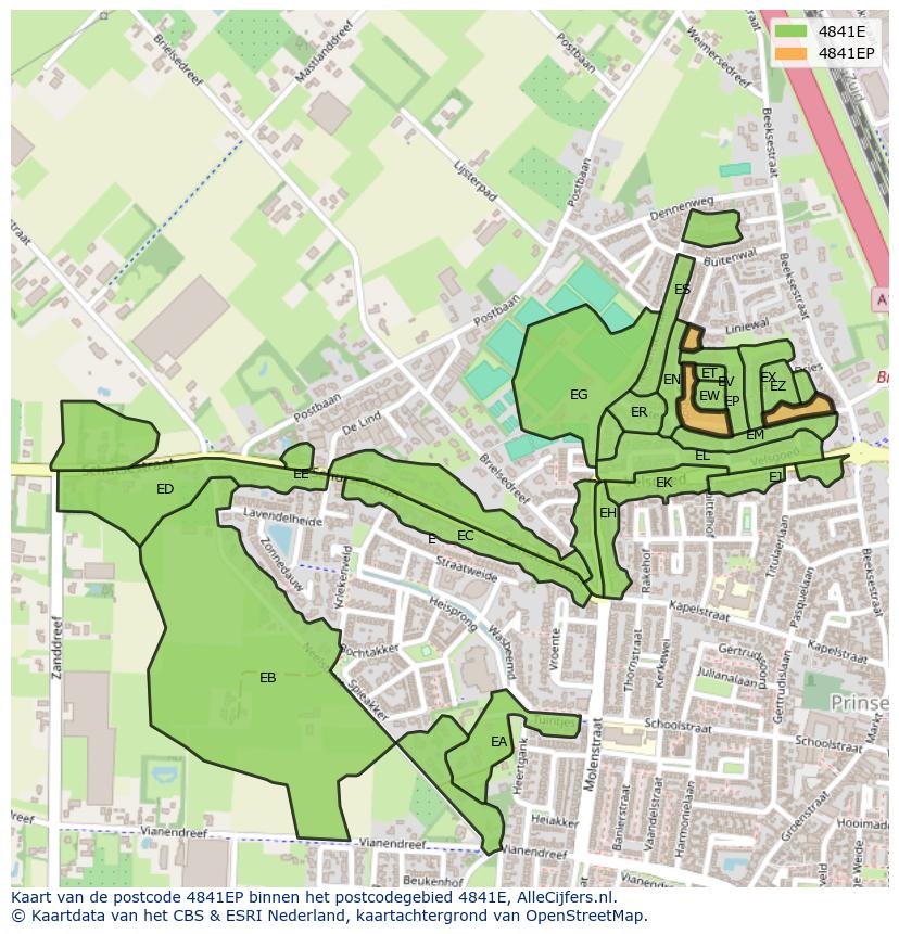 Afbeelding van het postcodegebied 4841 EP op de kaart.