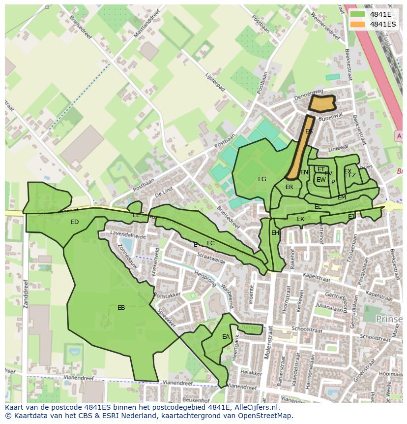 Afbeelding van het postcodegebied 4841 ES op de kaart.